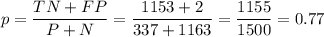 p=\dfrac{TN+FP}{P+N}=\dfrac{1153+2}{337+1163}=\dfrac{1155}{1500}=0.77
