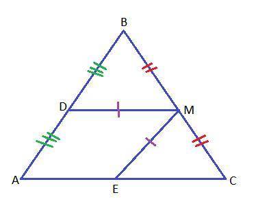 Given: DM⩭ME, BM⩭CM, D is the midpoint of AB, E is the midpoint of AC. 
Prove: ∠DBM⩭∠ECM