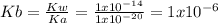 Kb=\frac{Kw}{Ka}=\frac{1x10^{-14}}{1x10^{-20}}  =1x10^{-6}