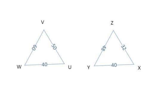 Consider the two triangles.

Triangles W U V and X Z Y are shown. Angles V U W and Y X Z are congrue