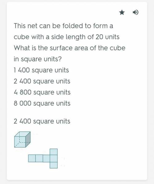 What is the surface area of the cube in square units? 1,400 square units 2,400 square units 4,800 sq