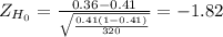 Z_{H_0}=\frac{0.36-0.41}{\sqrt{\frac{0.41(1-0.41)}{320} } }= -1.82