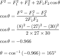 F^2=F_1^2+F_2^2+2F_1F_2\cos\theta\\\\\cos\theta=\dfrac{F^2-F_1^2-F_2^2}{2F_1F_2}\\\\\cos\theta=\dfrac{(8)^2-(27)^2-(30)^2}{2\times 27\times 30}\\\\\cos\theta=-0.966\\\\\theta=\cos^{-1}\left(-0.966\right)=165^{\circ}