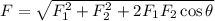 F=\sqrt{F_1^2+F_2^2+2F_1F_2\cos\theta}