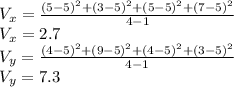 V_x=\frac{(5-5)^2+(3-5)^2+(5-5)^2+(7-5)^2}{4-1} \\V_x= 2.7\\V_y=\frac{(4-5)^2+(9-5)^2+(4-5)^2+(3-5)^2}{4-1} \\V_y= 7.3