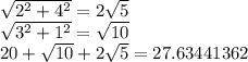 \sqrt{ {2}^{2}  +  {4}^{2} }   = 2 \sqrt{5}  \\  \sqrt{ {3}^{2}  +  {1}^{2} }  =  \sqrt{10}  \\ 20 +  \sqrt{10}  + 2 \sqrt{5} = 27.63441362