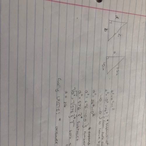 Pythagorean theorem!! If you have a leg that is 10in long and the hypotenuse is 26in long, what is t