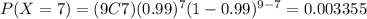 P(X=7)=(9C7)(0.99)^7 (1-0.99)^{9-7}=0.003355