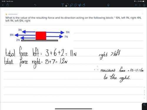 What is the value of the resulting force and its direction acting on the following block: * 6N, left
