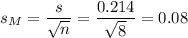 s_M=\dfrac{s}{\sqrt{n}}=\dfrac{0.214}{\sqrt{8}}=0.08