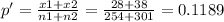 p'=\frac{x1+x2}{n1+n2}=\frac{28+38}{254+301}=0.1189