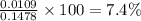 \frac{0.0109}{0.1478}\times 100=7.4\%