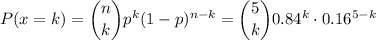 P(x=k) = \dbinom{n}{k} p^{k}(1-p)^{n-k}=\dbinom{5}{k} 0.84^{k}\cdot 0.16^{5-k}