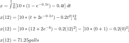 x = \int\limits^1^2_0 [{10*( 1 - e^-^0^.^5^t ) - 0.4t} ] \, dt \\\\x ( 12 ) = [ 10 * ( t + 2e^-^0^.^5^t ) - 0.2t^2 ] \limits^1^2_0\\\\x ( 12 ) = [ 10 * ( 12 + 2e^-^6 ) - 0.2(12)^2 ] - [ 10* ( 0 + 1 ) - 0.2(0)^2 ]\\\\x ( 12 ) = 71.25 galls