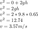 v^{2} = 0 + 2gh\\v^{2} = 2gh\\v^{2} = 2 * 9.8 * 0.65\\v^{2} = 12.74\\v = 3.57 m/s