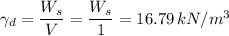 \gamma_d =\dfrac{W_s}{V} = \dfrac{W_{s}}{1} = 16.79 \, kN/m^3