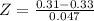 Z = \frac{0.31 - 0.33}{0.047}