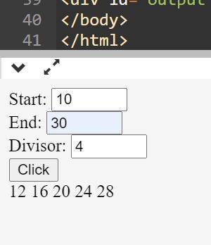 Write a JavaScript program that reads three integers named start, end, and divisor from three text f