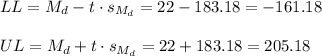 LL=M_d-t \cdot s_{M_d} = 22-183.18=-161.18\\\\UL=M_d+t \cdot s_{M_d} = 22+183.18=205.18
