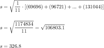 s=\sqrt{\dfrac{1}{11}\cdot [(69696)+(96721)+...+(131044)]}\\\\\\s=\sqrt{\dfrac{1174834}{11}}=\sqrt{106803.1}\\\\\\s=326.8