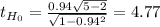 t_{H_0}= \frac{0.94\sqrt{5-2} }{\sqrt{1-0.94^2} }= 4.77