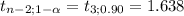 t_{n-2;1-\alpha }= t_{3; 0.90}= 1.638