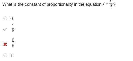 What is the constant of proportionality in the equation y = StartFraction x over 9 EndFraction? 0 St