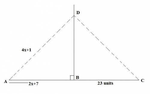 In the diagram, the length of segment BC is 23 units. Line l is a perpendicular bisector of line seg