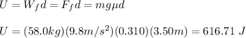 U=W_fd=F_fd=mg\mu d\\\\U=(58.0kg)(9.8m/s^2)(0.310)(3.50m)=616.71\ J