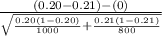 \frac{(0.20-0.21)-(0)}{\sqrt{\frac{0.20(1-0.20)}{1000}+\frac{0.21(1-0.21)}{800} } }