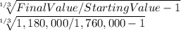 \sqrt[1/3]{Final Value/Starting Value - 1}\\\sqrt[1/3]{1,180,000/1,760,000 - 1}
