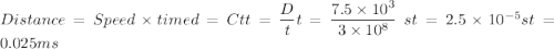 Distance = Speed \times timed=C\time tt=\dfrac{D}{t}t=\dfrac{7.5\times 10^3}{3\times 10^8}\ st=2.5\times 10^{-5}st=0.025 ms