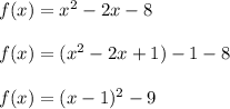 f(x)=x^2-2x-8 \\\\f(x)=(x^2-2x+1)-1-8 \\\\f(x)=(x-1)^2-9