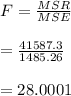 F=\frac{MSR}{MSE} \\\\=\frac{41587.3}{1485.26} \\\\=28.0001