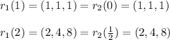 r_1(1)=(1,1,1)=r_2(0)=(1,1,1)\\\\r_1(2)=(2,4,8)=r_2(\frac{1}{2})=(2,4,8)