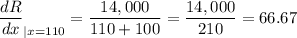 \dfrac{dR}{dx}_{|x=110}=\dfrac{14,000}{110+100}=\dfrac{14,000}{210}=66.67