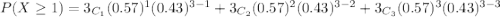P(X\geq 1) = 3_{C_{1} } (0.57)^{1} (0.43)^{3-1} +  3_{C_{2} } (0.57)^{2} (0.43)^{3-2} +  3_{C_{3} } (0.57)^{3} (0.43)^{3-3}