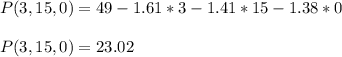 P ( 3 , 15 , 0 ) = 49 - 1.61*3 - 1.41*15 -1.38*0\\\\P ( 3 , 15 , 0 ) = 23.02\\