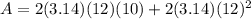 A=2(3.14)(12)(10)+2(3.14)(12)^{2}