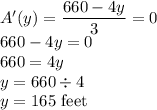 A'(y)=\dfrac{660-4y}{3}=0\\660-4y=0\\660=4y\\y=660 \div 4\\y=165$ feet\\