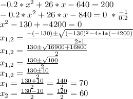 -0.2*x^2 + 26*x - 640 = 200\\-0.2*x^2 + 26*x -840 = 0\text{ } *\frac{-1}{0.2}\\x^2 -130 + -4200 = 0\\x_{1,2} = \frac{-(-130) \pm \sqrt{(-130)^2 - 4*1*(-4200)}}{2*1}\\x_{1,2} = \frac{130 \pm \sqrt{16900 + 16800}}{2}\\x_{1,2} = \frac{130 \pm \sqrt{100}}{2}\\x_{1,2} = \frac{130 \pm 10}{2}\\x_{1} = \frac{130 + 10}{2} = \frac{140}{2} = 70\\ x_{2} = \frac{130 - 10}{2} = \frac{120}{2}  = 60
