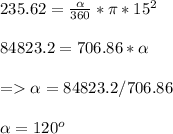 235.62 = \frac{\alpha }{360} * \pi * 15^2\\\\84823.2 = 706.86 * \alpha \\\\= \alpha = 84823.2 / 706.86\\\\\alpha = 120^o