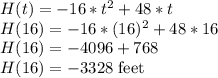 H(t) = -16*t^2 + 48*t\\H(16) = -16*(16)^2 + 48*16\\H(16) = -4096 + 768\\H(16) = -3328 \text{ feet}