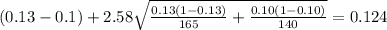 (0.13-0.1) + 2.58 \sqrt{\frac{0.13(1-0.13)}{165} +\frac{0.10(1-0.10)}{140}}=0.124
