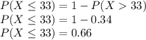 P(X \leq 33) =1 -  P(X  33)\\P(X \leq 33) =1 - 0.34\\P(X \leq 33) = 0.66