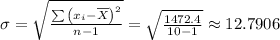 \sigma = \sqrt{ \frac{ \sum{\left(x_i - \overline{X}\right)^2 }}{n-1} }						 = \sqrt{ \frac{ 1472.4 }{ 10 - 1} } \approx 12.7906