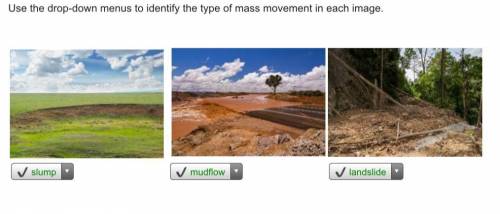 Use the drop-down menus to identify the type of mass movement in each image.