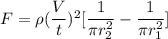 F ={\rho }( \dfrac{V}{t})^2 [ \dfrac{1}{\pi r^2_2}-  \dfrac{1}{\pi r^2_1}]