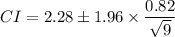 CI=2.28 \pm 1.96 \times \dfrac{0.82}{\sqrt{9}}