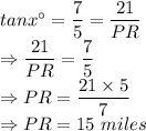 tan x^\circ=\dfrac{7}{5} = \dfrac{21}{PR}\\\Rightarrow \dfrac{21}{PR}=\dfrac{7}{5}\\\Rightarrow PR = \dfrac{21 \times 5}{7}\\\Rightarrow PR = 15\ miles